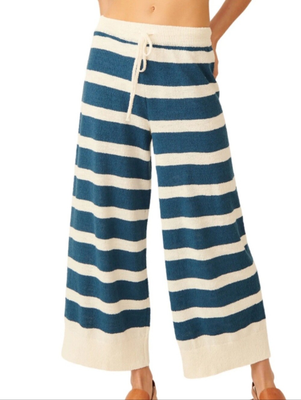 FREE PEOPLE STriped Wide-Leg Knit Pants - Blue & Cream